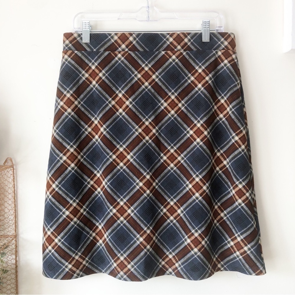 Le Lis Maura A-Line Plaid Skirt Slate Blue/ Brown Pull On Elastic Waist Size L - Picture 3 of 11